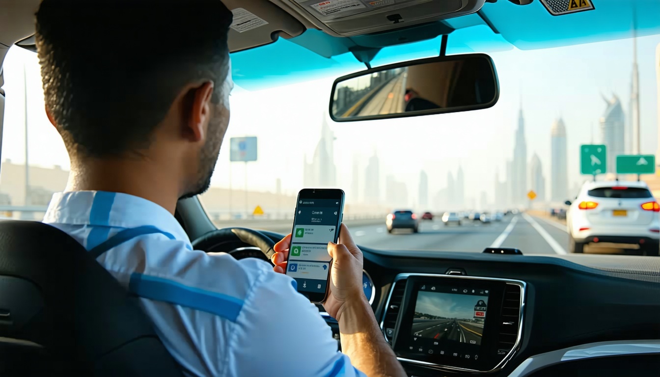 Traveler using digital app for road toll management in Dubai