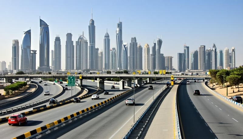 Dubai skyline with modern highways and toll gates Dubai skyline with modern highways and toll gates